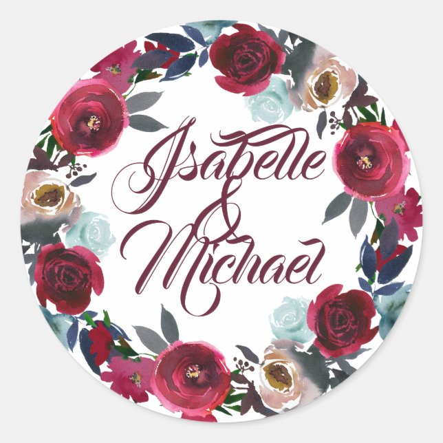Sticker Rond Guirlande florale de Bourgogne Mariage personnalis (Devant)