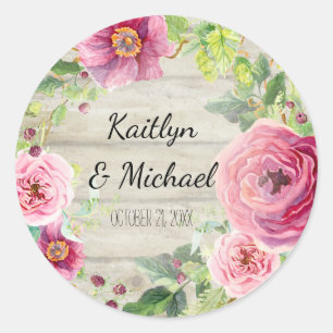 Sticker Rond Guirlande florale en bois rustique de pivoine rose