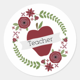 Sticker Rond Guirlande florale et professeur rouge d'Apple
