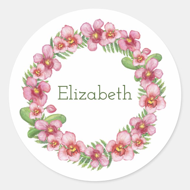 Sticker Rond Guirlande florale rose et verte Personnalisée Clas (Devant)