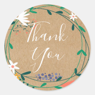 Sticker Rond Guirlande florale rustique écriture Merci