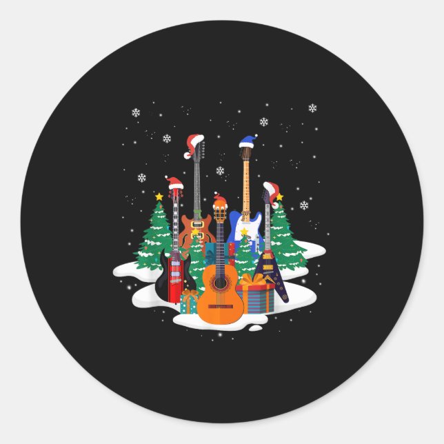 Sticker Rond Guitar Santa Hat Christmas Tree Funny Music Loves  (Devant)