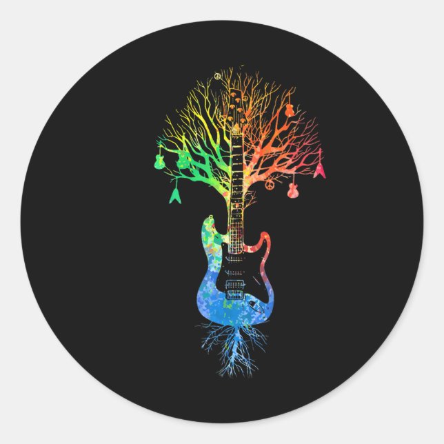 Sticker Rond Guitare Acoustique Arbre De Vie Guitariste (Devant)