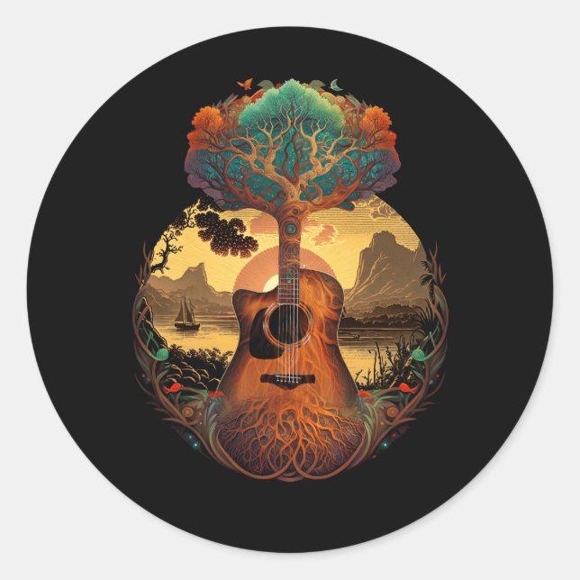 Sticker Rond Guitare Acoustique Au Bord Du Lac Soleil Guitarist (Devant)