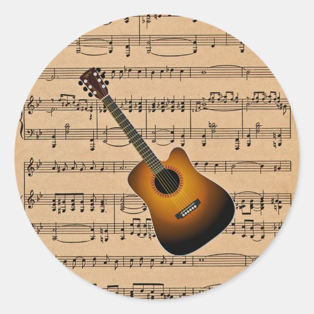 Sticker Rond Guitare acoustique avec Arrière - plan de partitio (Devant)