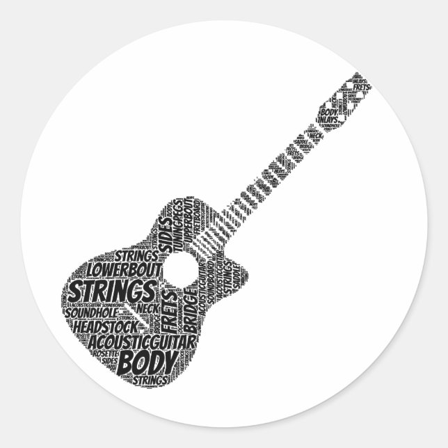 Sticker Rond Guitare acoustique en forme de mot Art Black Texte (Devant)