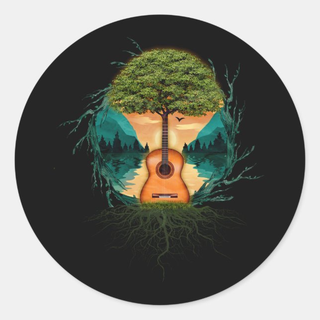 Sticker Rond Guitare Acoustique Par Le Lac Nature Guitariste (Devant)