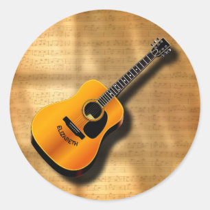 Sticker Rond Guitare Acoustique Vintage Avec Musicien Nom Perso