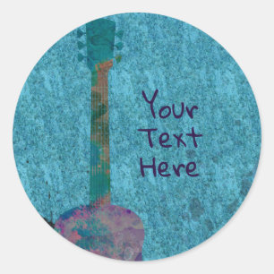 Sticker Rond Guitare Aquarelle Bleue Fête Musicale D'anniversai