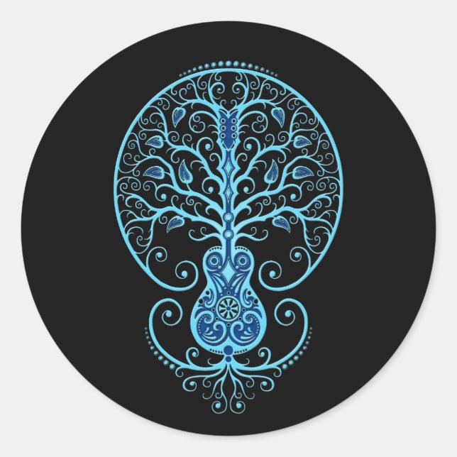 Sticker Rond Guitare Bleue Arbre de Vie sur Noir (Devant)