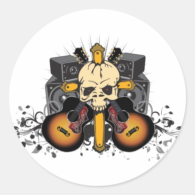 Sticker Rond Guitares Haut-parleurs et crâne (Devant)