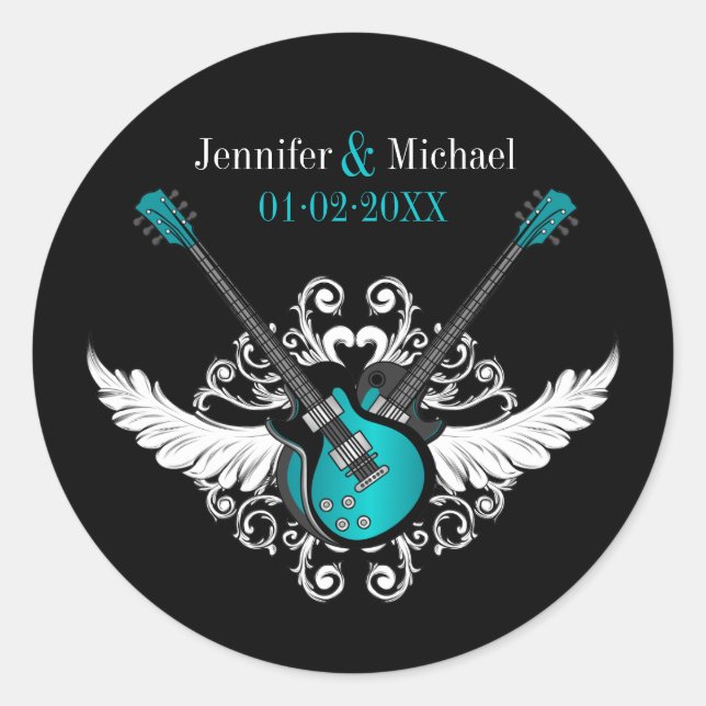 Sticker Rond Guitares Mariages Rock et Roll Turquoise Black aut (Devant)