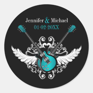 Sticker Rond Guitares Mariages Rock et Roll Turquoise Black aut