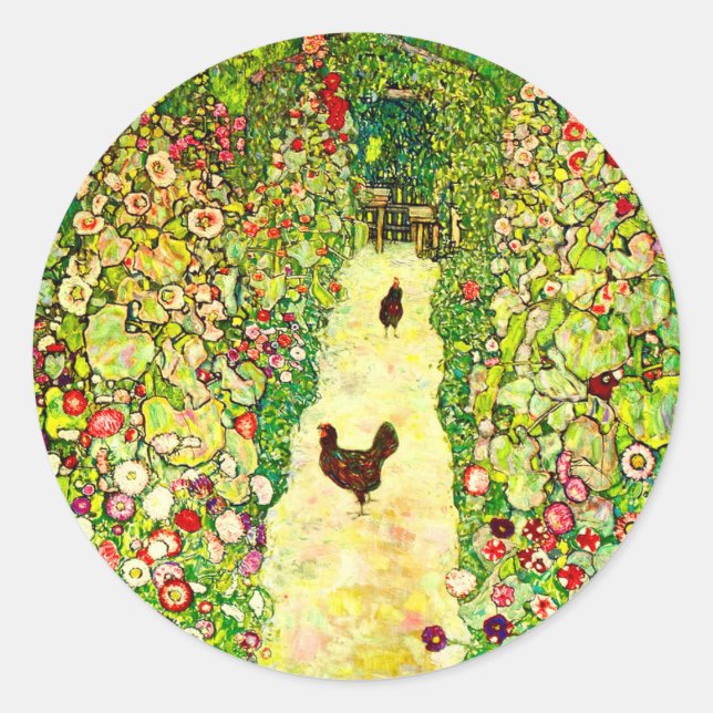 Sticker Rond Gustav Klimt Garden with Chickens (Devant)