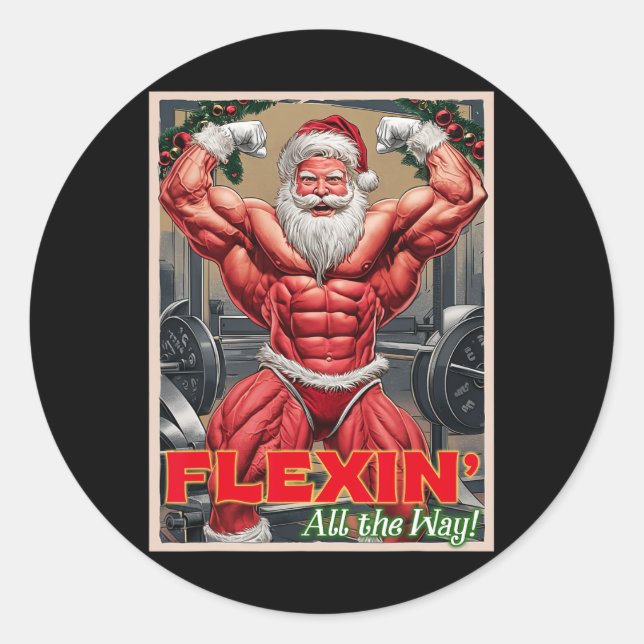 Sticker Rond Gym Musculaire Père Noël Flexin Tout Le Chemin Pom (Devant)