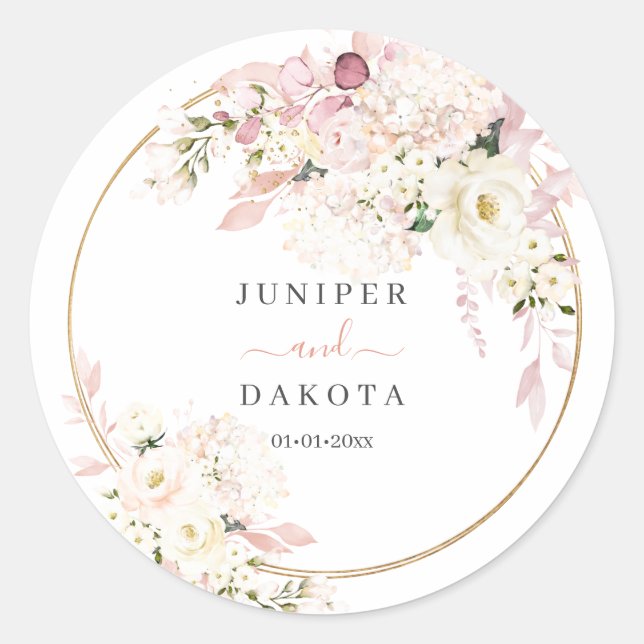 Sticker Rond H2 Dusty Rose Hydrangea Cream Rose Mariage (Devant)