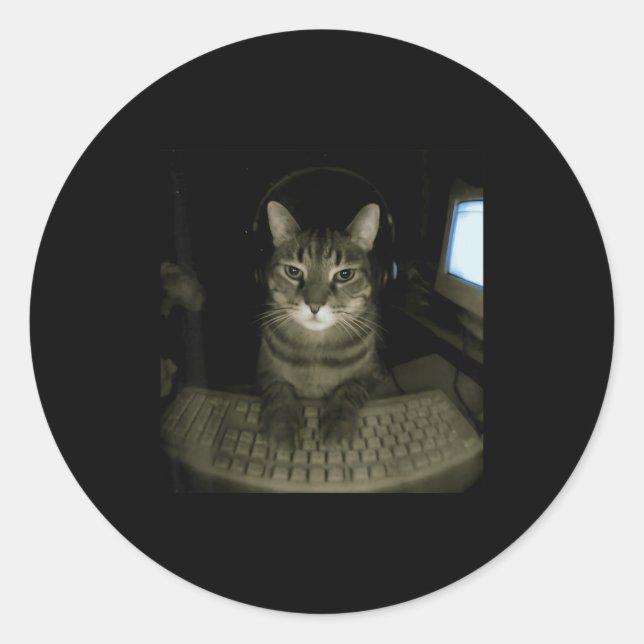 Sticker Rond Hacker Cat Meme Funny Computer Cat Kitten Gamer Ca (Devant)