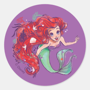Sticker Rond Hair Princesse Ariel aquarelle décorée