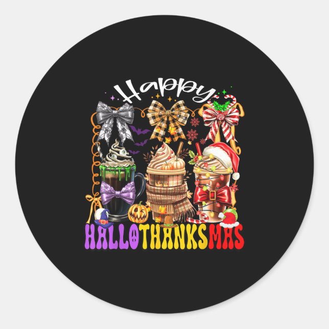Sticker Rond Hallothanksmas Coffee Latte Halloween Thanksgiving (Devant)