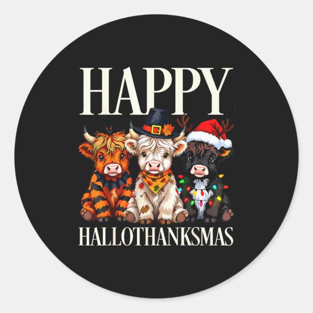 Sticker Rond Hallothanksmas Highland Cow Halloween Thanksgiving (Devant)