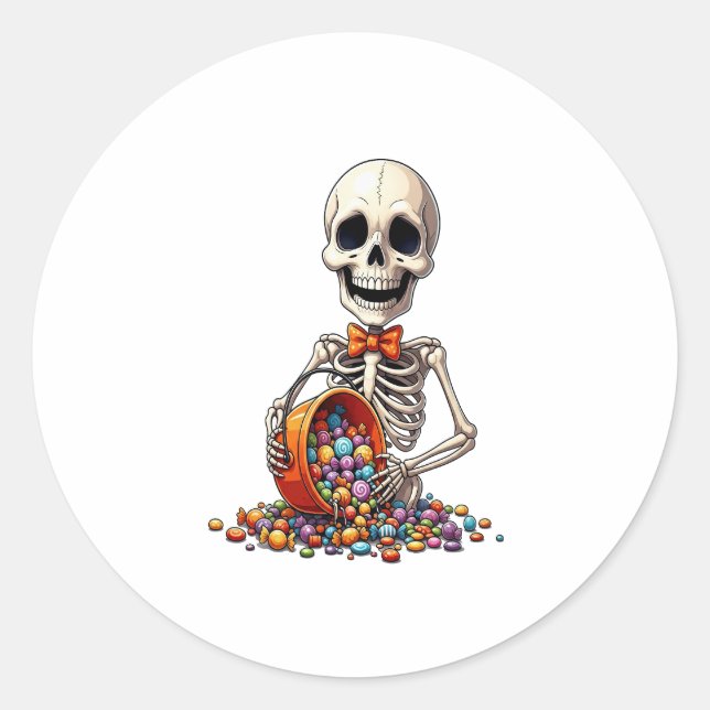 Sticker Rond Halloween à la botte de bonbons de squelette (Devant)