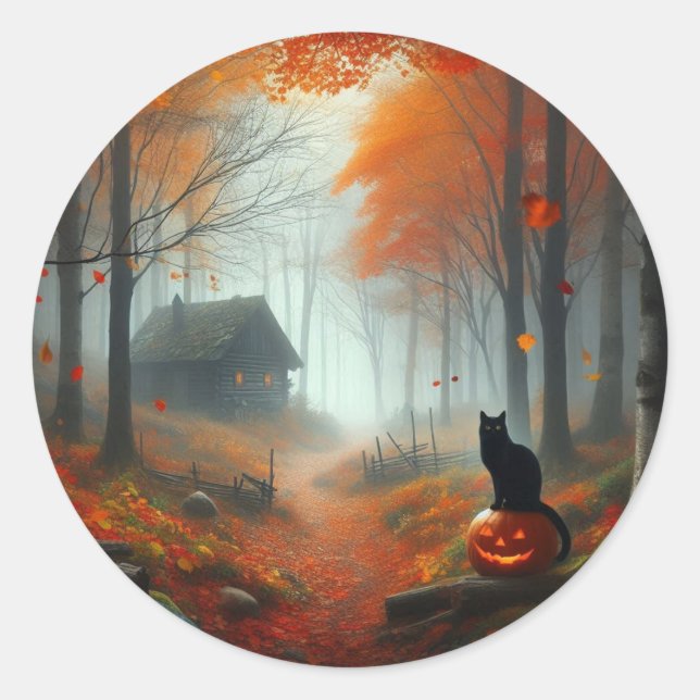 Sticker Rond Halloween/Automne/Automne/citrouille/chat (Devant)