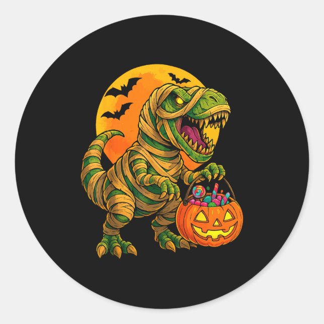 Sticker Rond Halloween Boys Dinosaur Mummy T Rex Y Pumpkin Moon (Devant)