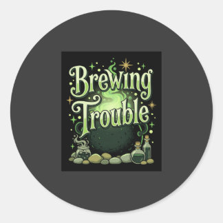 Sticker Rond Halloween Brasse des Ennuis Sorcière Chaudron Poti
