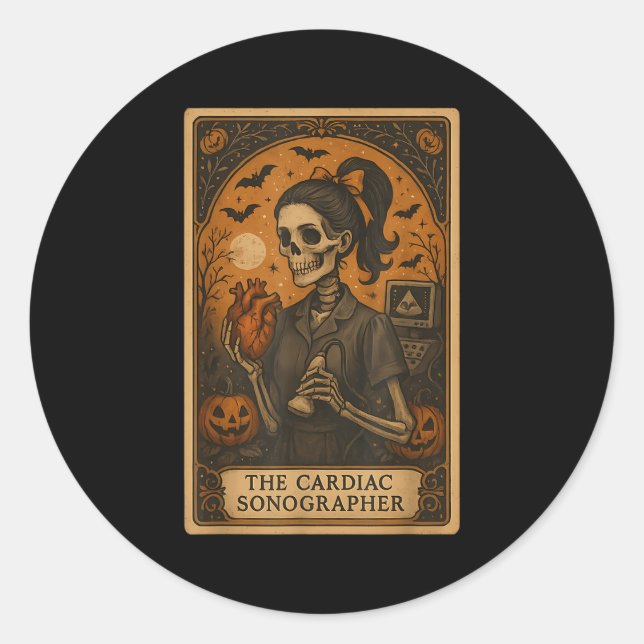 Sticker Rond Halloween Cardiac Sonographer Tarot Card Skeleton  (Devant)
