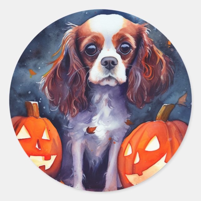Sticker Rond Halloween Cavalier King Charles Citrouille espagno (Devant)