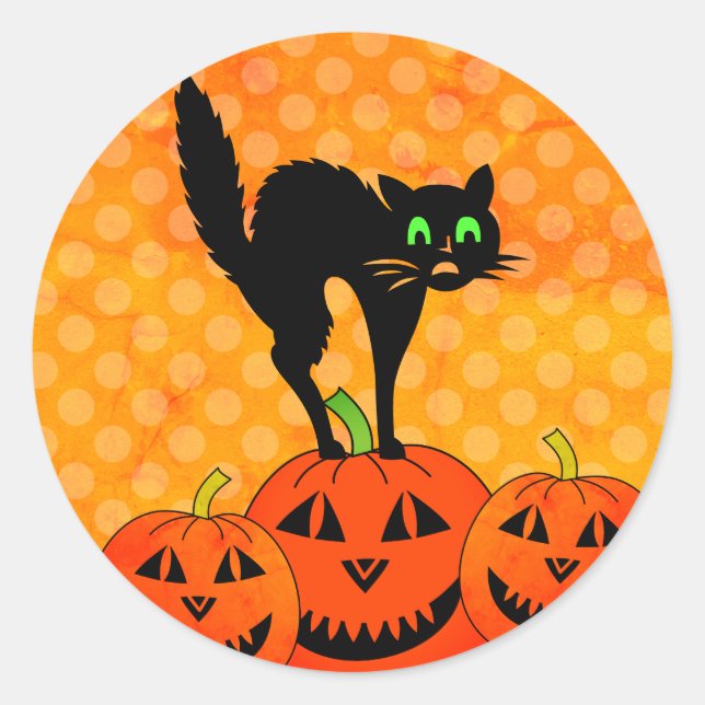 Sticker Rond Halloween Chat noir Citrouille Jack O' Lantern (Devant)