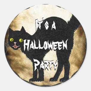 Sticker Rond HALLOWEEN Chat Noir Imprimé Faux Parchemin Brûlé