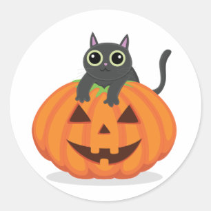 Sticker Rond Halloween chat noir sur citrouille Jack-o'-lantern