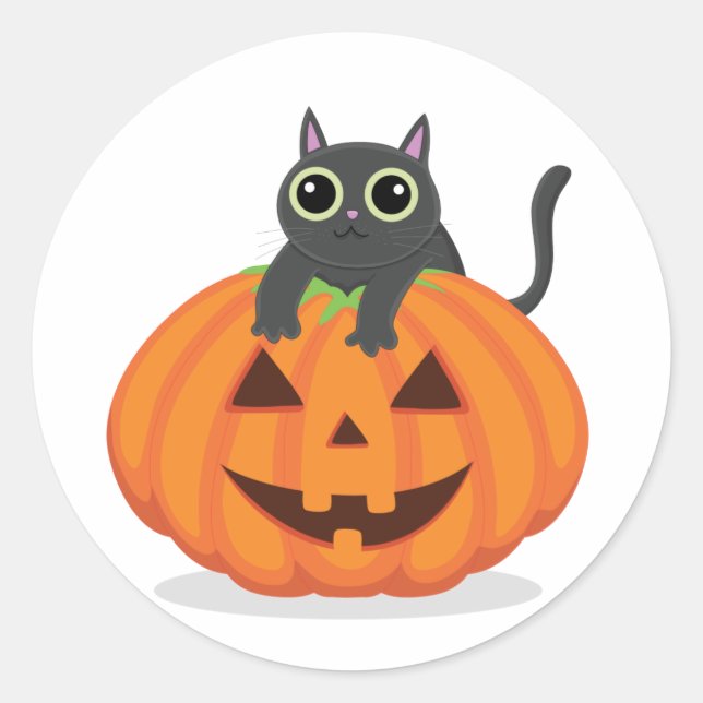 Sticker Rond Halloween chat noir sur citrouille Jack-o'-lantern (Devant)