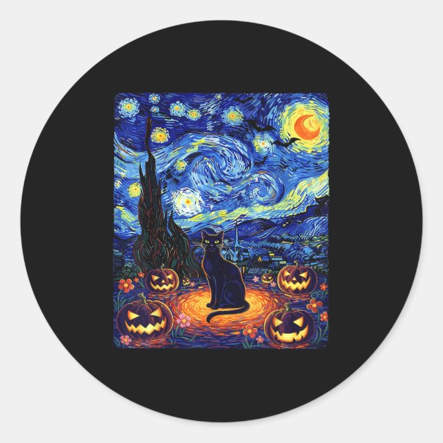 Sticker Rond Halloween Chat noir Van Gogh Starry Chat de nuit (Devant)