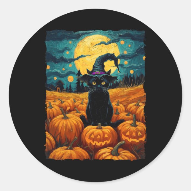Sticker Rond Halloween Chat noir Van Gogh Witch Kawaii Citrouil (Devant)