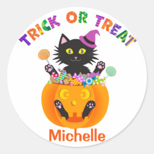Sticker Rond Halloween Chat Tricoter Ou Traiter