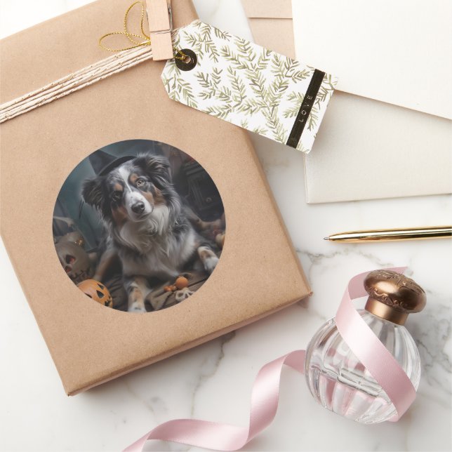 Sticker Rond Halloween Citrouille berger australienne effraie (Cadeaux)