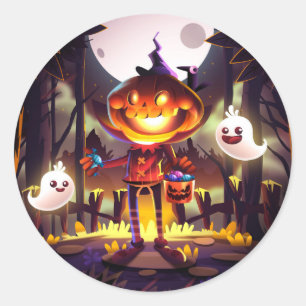 Sticker Rond Halloween Citrouille mignon Fantômes Moon Effrayan