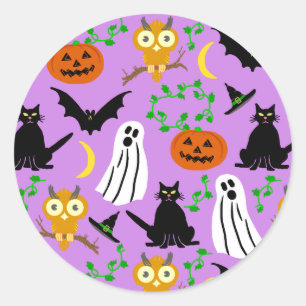 Sticker Rond Halloween Collage de thème Toss Motif Purple