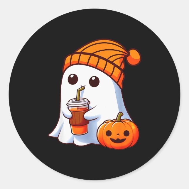 Sticker Rond Halloween Costume Ghost Drinking Pumpkin Men Women (Devant)