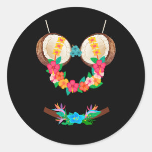 Sticker Rond Halloween Costume Tropical Coconut Bra Fleurs Lei