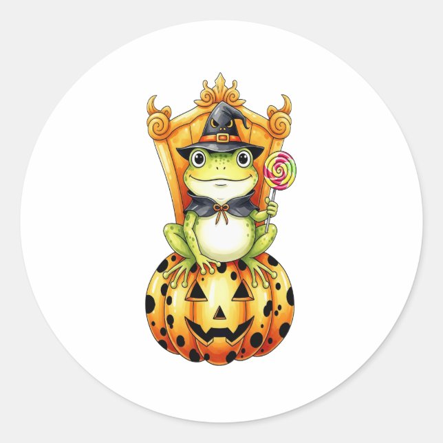 Sticker Rond Halloween Cute Frog sur Citrouille (Devant)