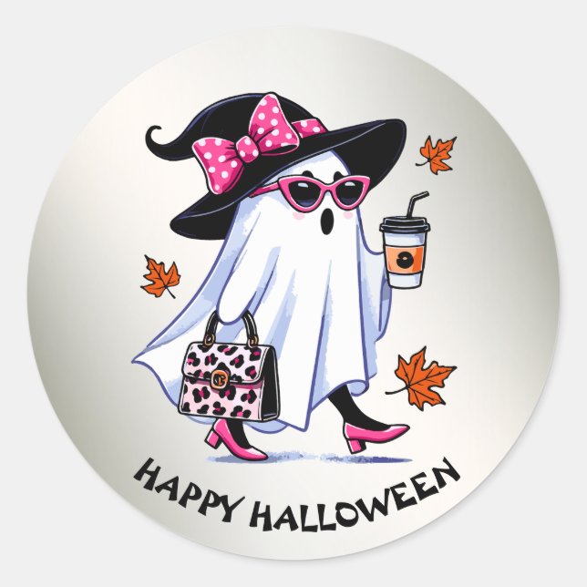 Sticker Rond Halloween Cute Stylish sorcière Ghost Coffee Cup (Devant)