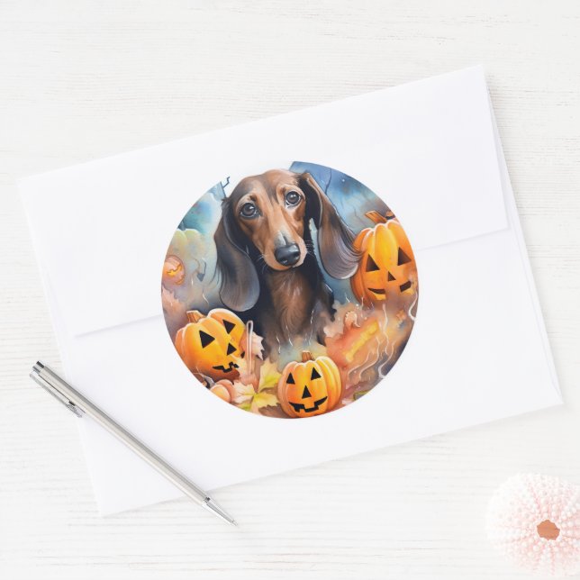 Sticker Rond Halloween Dachshund Avec La Peur Citrouille (Enveloppe)