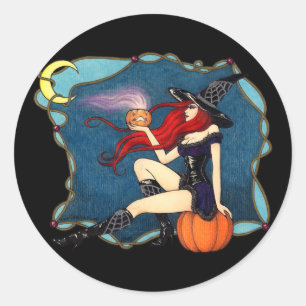 Sticker Rond Halloween de sorcière rousse