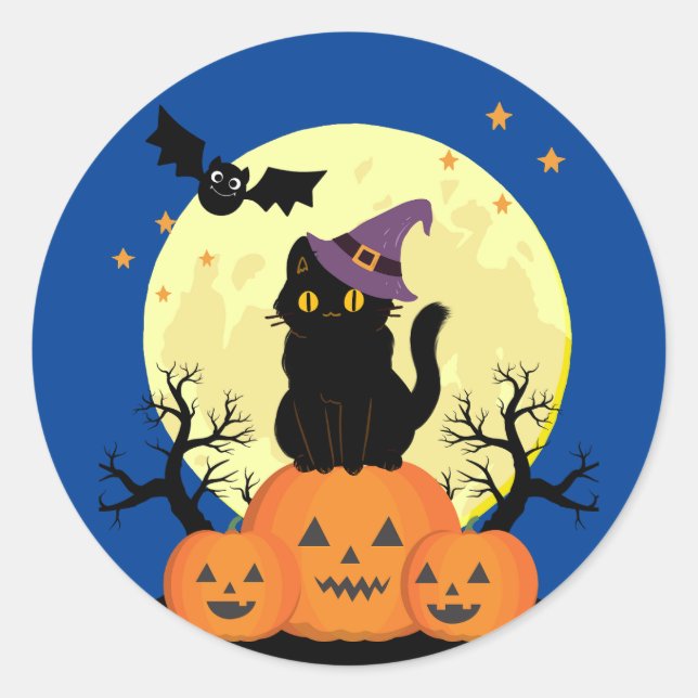 Sticker Rond Halloween Éffrayant Chat Sorcière Jack-o-lanternes (Devant)