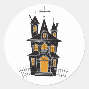 Sticker Rond Halloween éffrayant hantée clôture maison noir ora