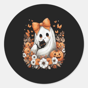 Sticker Rond Halloween Fantôme Vintage Avec Fleur de Citrouille