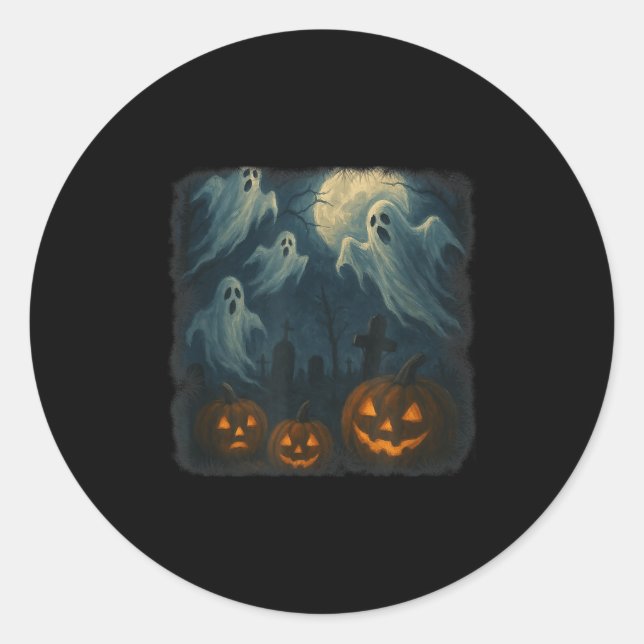 Sticker Rond Halloween. Fantômes, Citrouilles Et Cimetière ! (Devant)